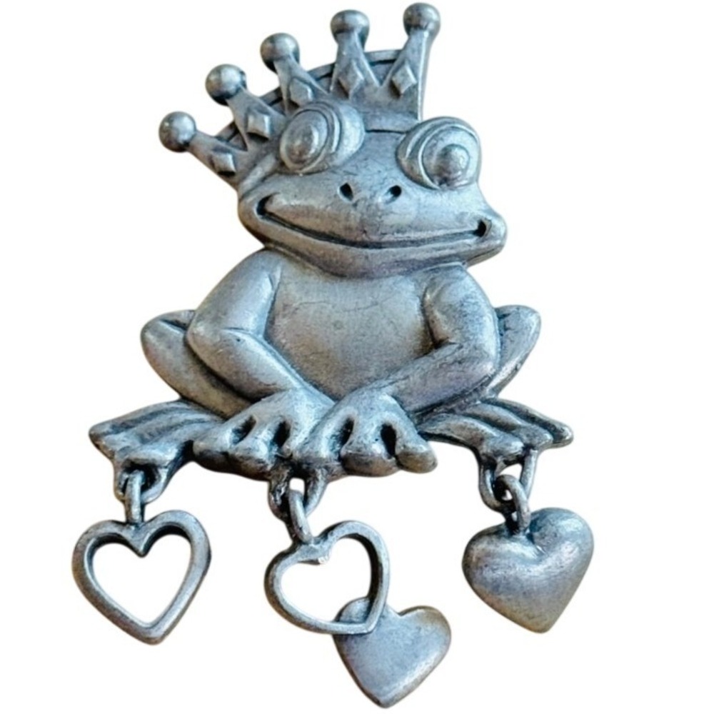 VTG Frog Prince Heart Spoontiques brooch pin heart crown Pewter Silver Valentine